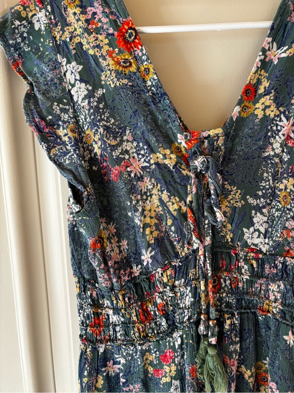 Nostalgia Dark Green Floral Tie-Front Midi Dress